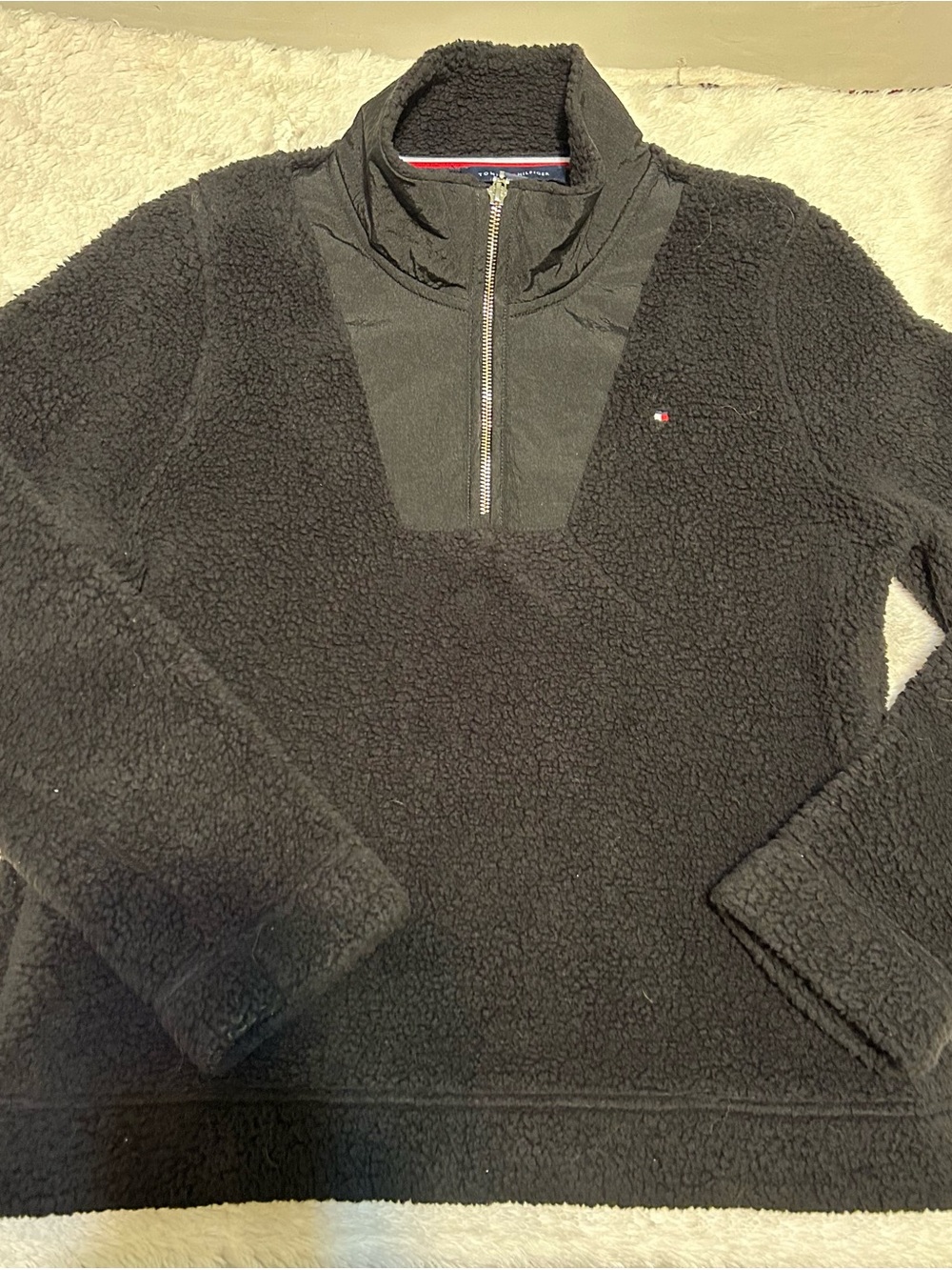 Tommy Hilfiger Ladies Black Sherpa Cozy Quarter-Zip Fleece Pullover Jacket Sz M.